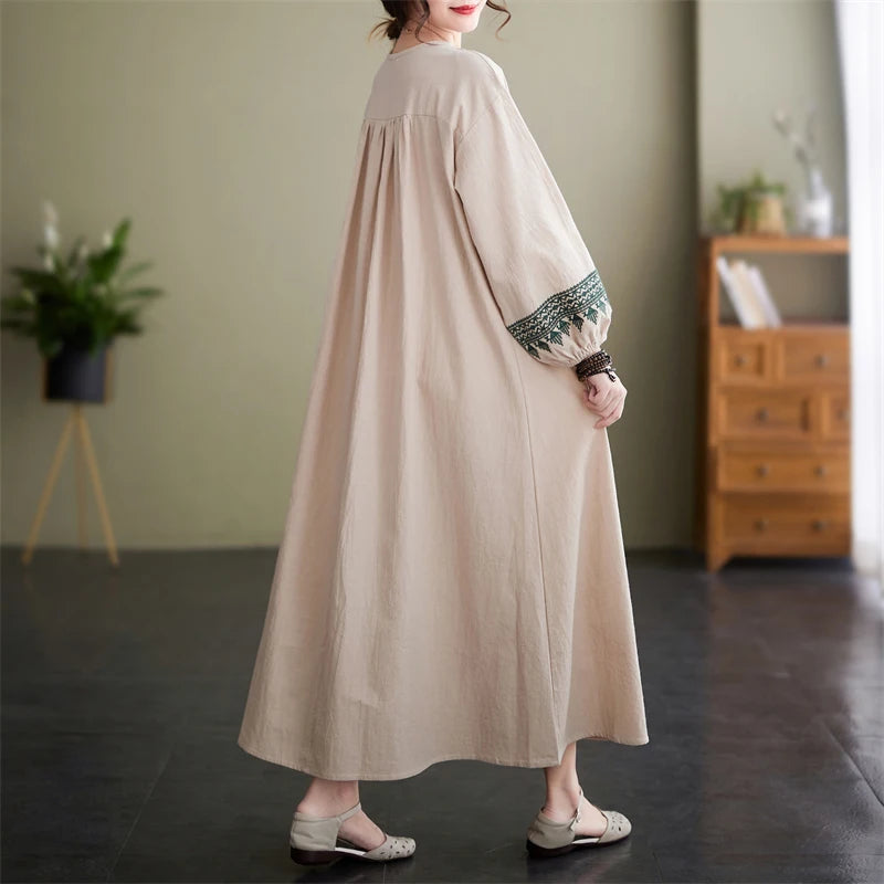 Women’s Loose Embroidered Long Dress – Extra Wide Cotton Linen with Round Neck