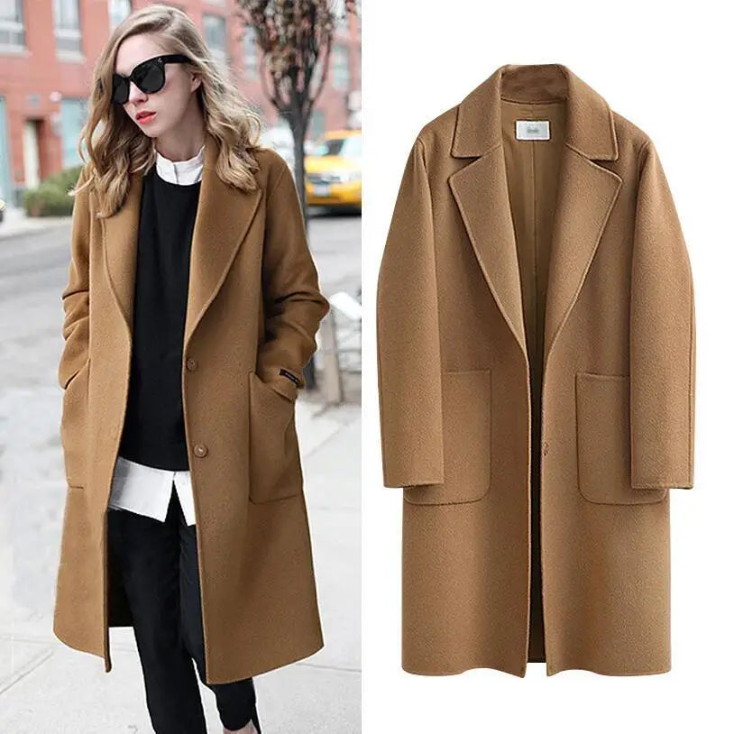 Women's Double-Sided Woolen Coat - Long Loose Jacket with Cotton Filling & Pockets for Autumn Winter Catrina