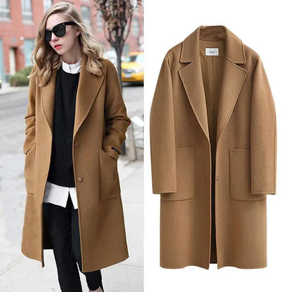 Women's Double-Sided Woolen Coat - Long Loose Jacket with Cotton Filling & Pockets for Autumn Winter Catrina