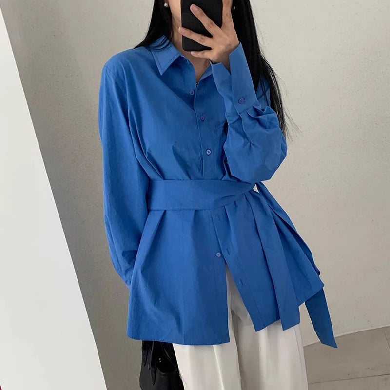 Women's Vintage White Shirt | Autumn Lapel Single-Breasted, Strap Waist Cinching, Versatile Long-Sleeve Design Cassie