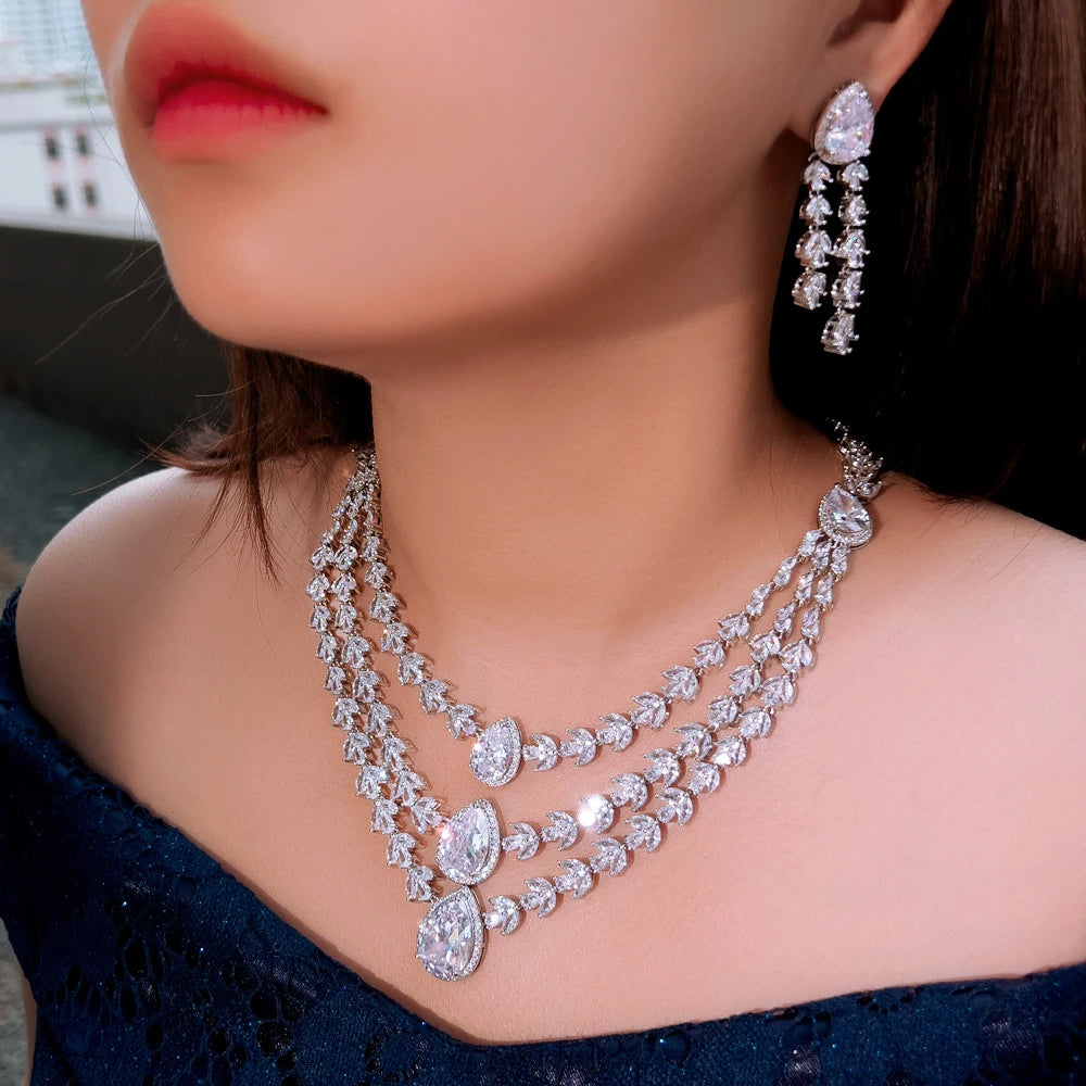 Shiny White Zirconia 3-Layer Water Drop Leaf Necklace & Earrings – Luxury Bridal Wedding Jewelry Set for Women | Party Wear Eleanore
