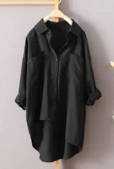 Women Long Sleeve Cotton Linen Loose Shirts Lapel Collar Pockets Solid Color Single Breasted Button Blouse