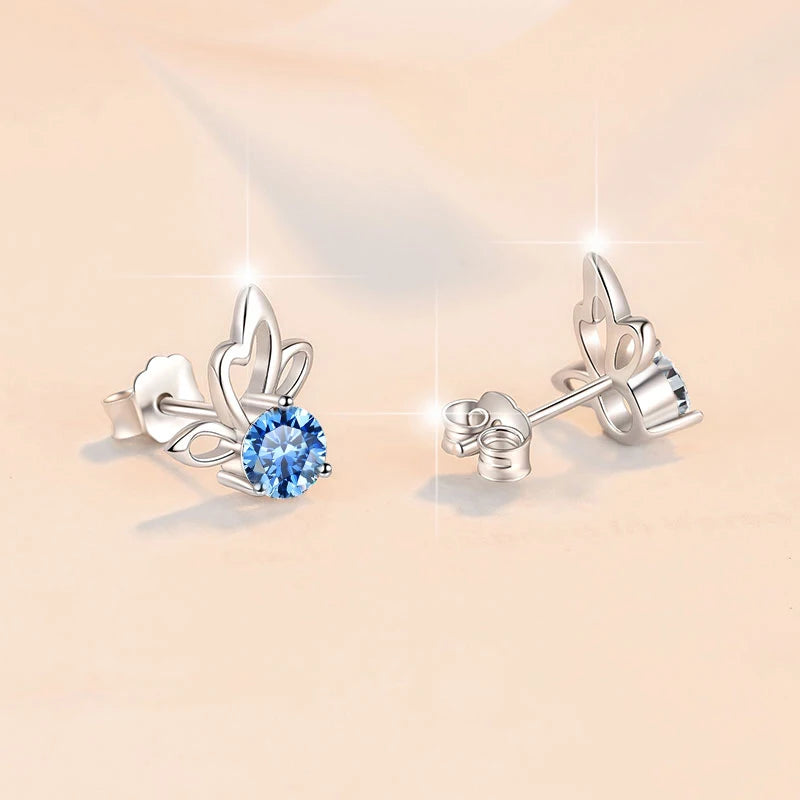 Fine Jewelry | 0.5Ct×2 Round Blue Moissanite Angel Wing Earrings | GRA Certified S925 Sterling Silver Studs for Women Jen