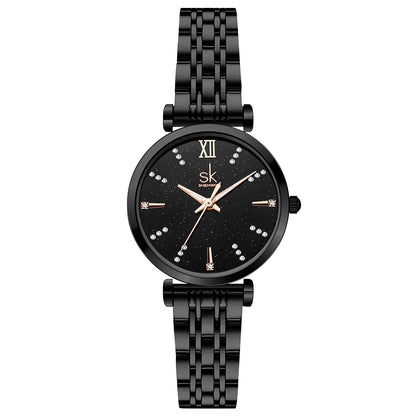 Shengke Women’s Stainless Steel Watch – Black Waterproof Quartz Wristwatch for Easy Matching Prudence