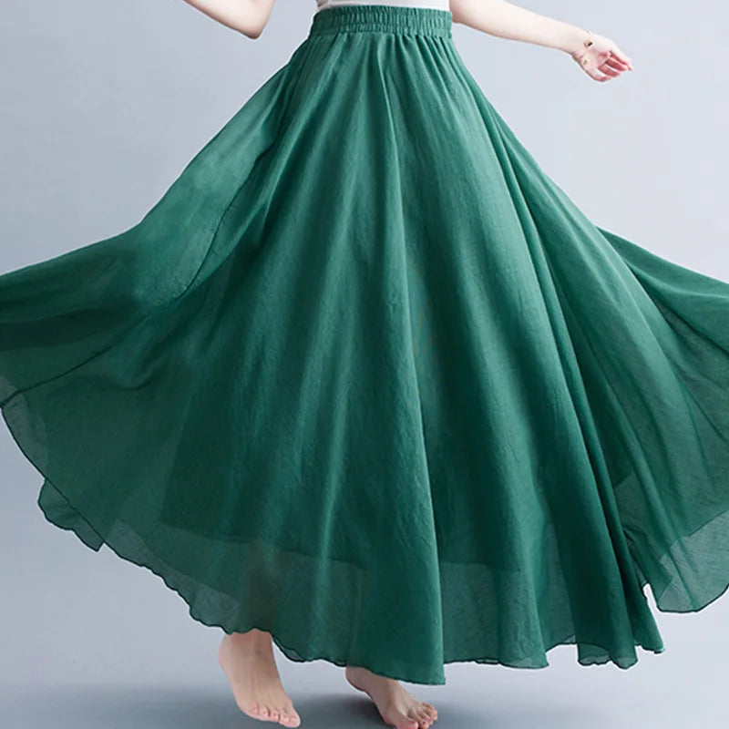 Women Loose Cotton Linen Elastic Waist A-line Solid Color Pleated Skirt