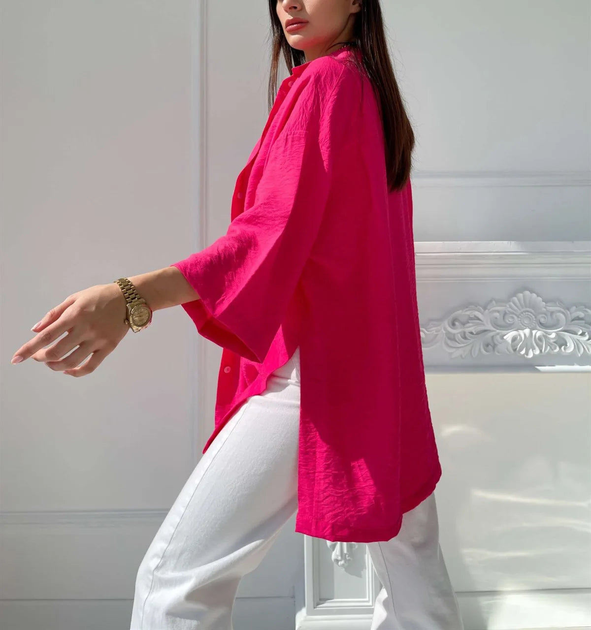 Women Spring Summer Comfortable Casual Solid Color Split Shirt Casual Loose Flared Sleeves Shirt