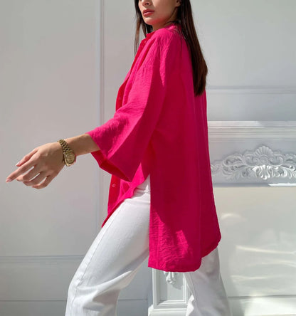 Women Spring Summer Comfortable Casual Solid Color Split Shirt Casual Loose Flared Sleeves Shirt