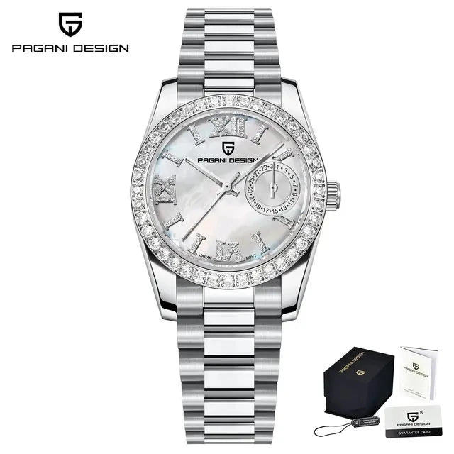 PAGANI DESIGN 1776 – Luxury Women's Quartz Watch with Diamond Accents, Stainless Steel Band, and Calendar Function