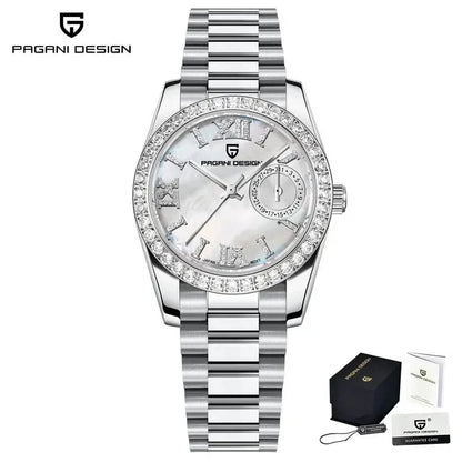 PAGANI DESIGN 1776 – Luxury Women's Quartz Watch with Diamond Accents, Stainless Steel Band, and Calendar Function