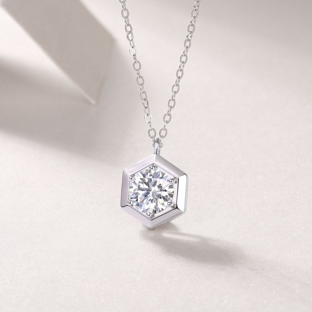 1 Carat Hexagon Moissanite Pendant Necklace – 925 Sterling Silver, Gold Plated Luxury Fashion Jewelry Dahlia