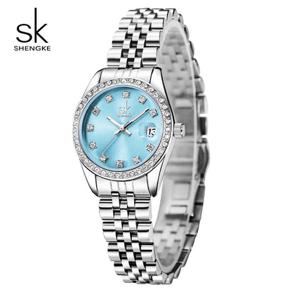 Shengke Elegant Women's Crystal-Accented Quartz Watch with Solid Alloy Steel Band and Calendar – Perfect Dress Watch for Women