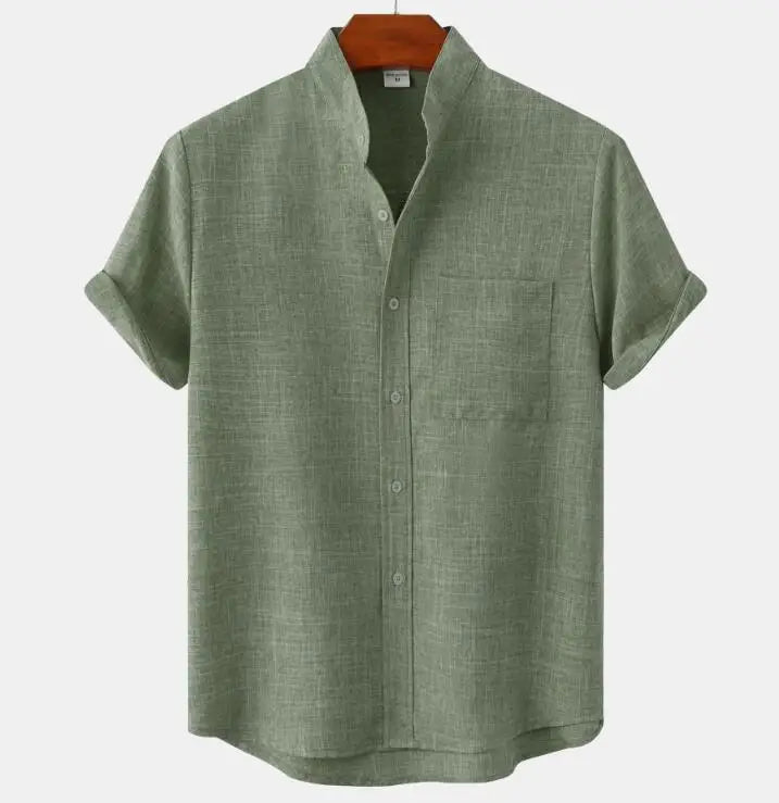 Men Summer V-neck Button up Cotton Linen Shirts Solid Color Short Sleeve Shirt Men's Fashion Trendy Shirts