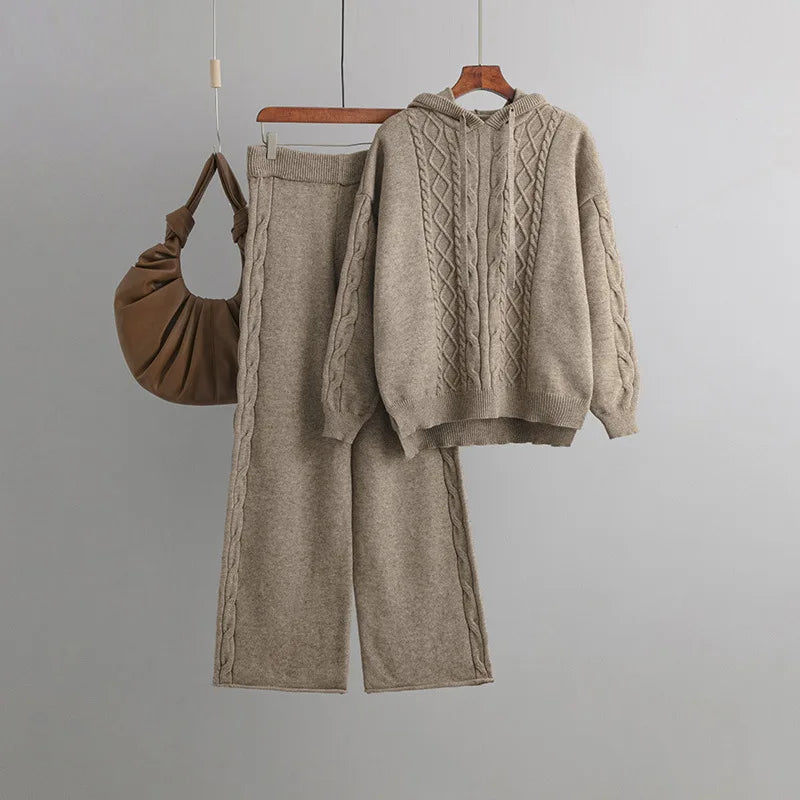 Women’s Warm Knit Jumpsuit Set – Hooded Cable Pullover and Two-Piece Sweater Outfit | Cotton-Nylon Blend Lorelei