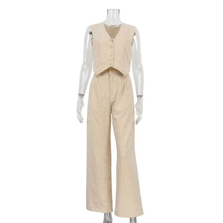 Summer White Linen Two-Piece Set for Women | Fashion Sleeveless Tank Top with High-Waist Wide-Leg Pants Myles