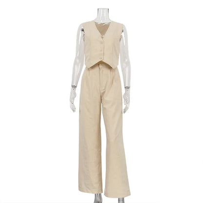Summer White Linen Two-Piece Set for Women | Fashion Sleeveless Tank Top with High-Waist Wide-Leg Pants Myles