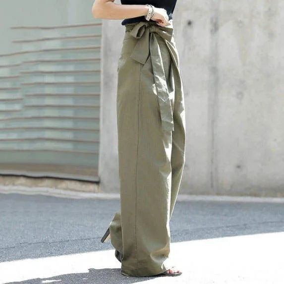 Women's Casual High-Waist Lace-Up Wide-Leg Pants - Solid Color, Loose Fit