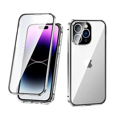 Magnetic 360° Full Metal Frame Phone Case – Double-Sided Tempered Glass HD Cover for iPhone 15, 14, 13 Pro Max