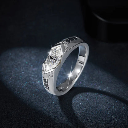 S925 Silver Marquise Rhombus Moissanite Ring – High-End Hip-Hop Style with Black and White Contrast, Perfect for Couples