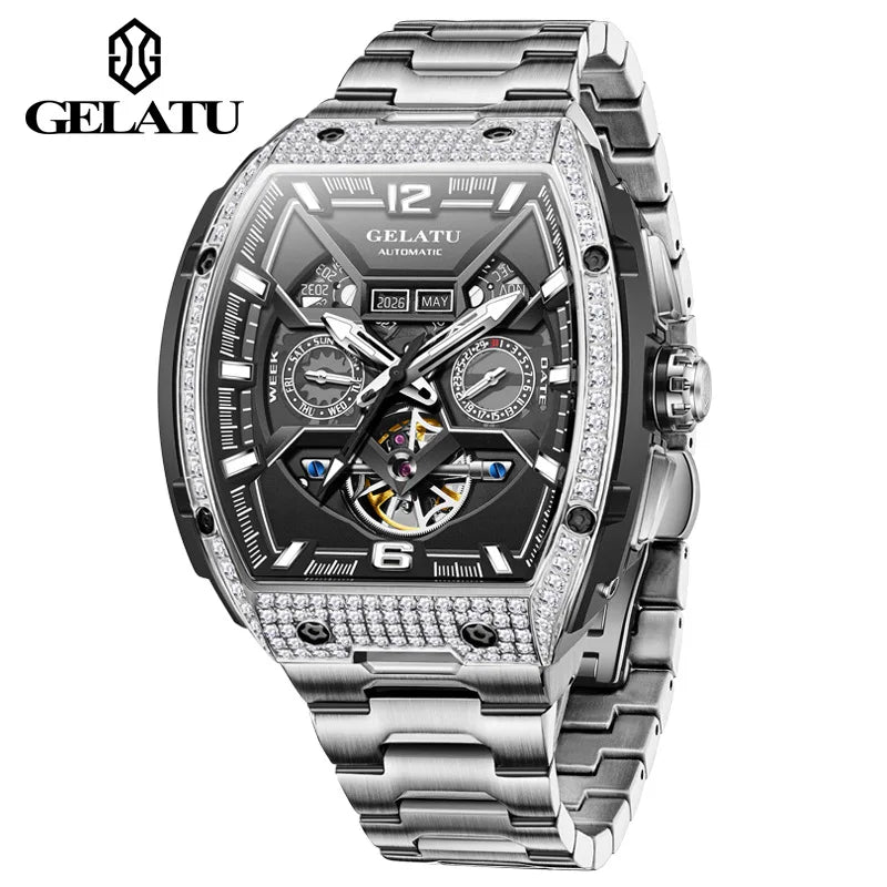 Gelatu 6016 Men's Fashion Automatic Mechanical Watch with Stainless Steel Strap – Waterproof Branded Wristwatch