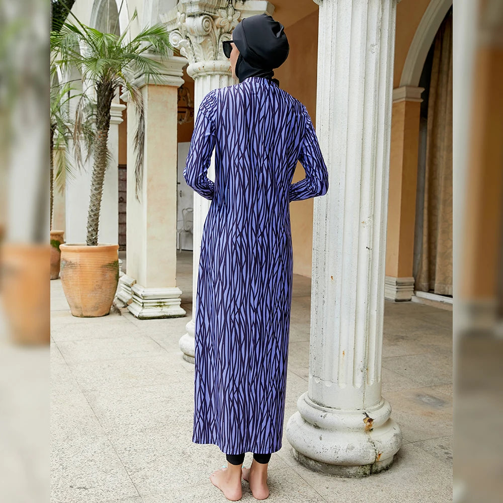 Blue Print Muslim Hijab Swimsuit – Full-Cover Modest Swimwear Abaya Burkini for Women Nasreen