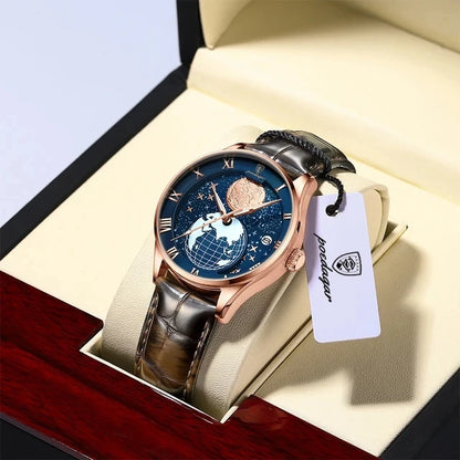 POEDAGAR 803 Men's Quartz Watch – Fashion Leather Strap Waterproof Wristwatch with Globe Dial, Automatic Calendar, and Trendy Design Nicolas