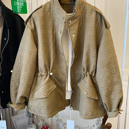 Women’s Autumn Premium Windbreaker Coat – Stand Collar, Drawstring Waist, Quilted Lingge Design