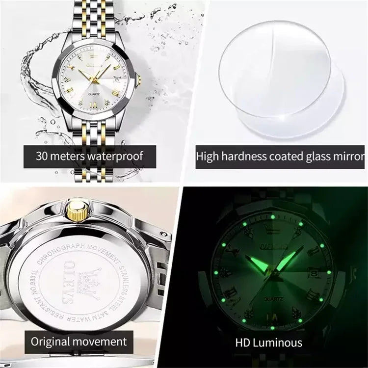 OLEVS 9931 Women's Quartz Watch – Original Luxury Stainless Steel Dual Calendar Waterproof Ladies Wristwatch Sidone