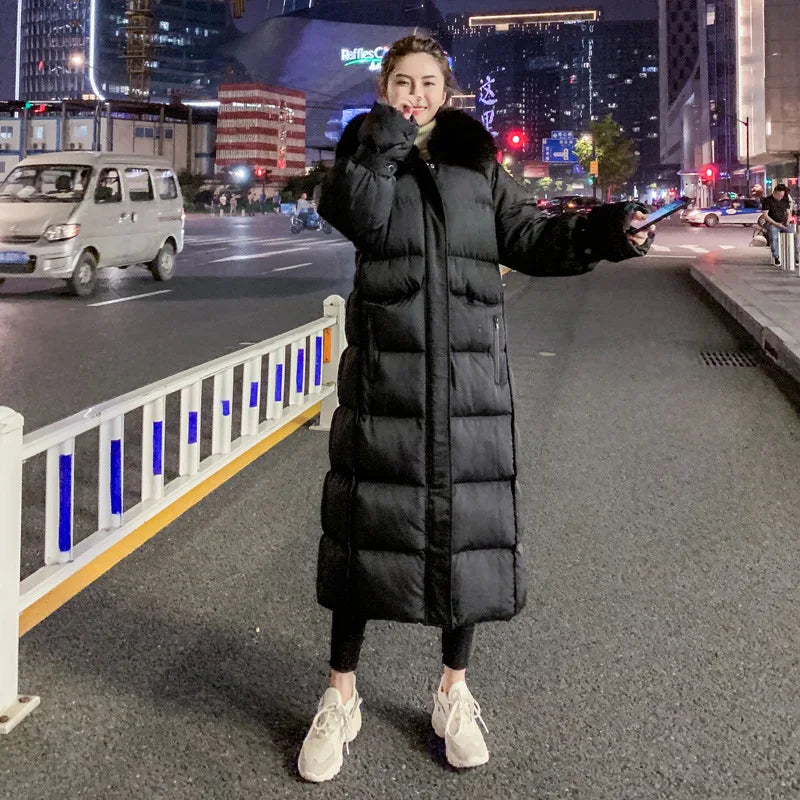 Women's Winter Over-Knee Long Coat - Loose Hooded Parka with Detachable Fur Collar, Thick Warm Cotton-Padded Jacket, Outerwear Jeanne