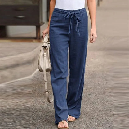 Women Linen Cotton Pants Wide Leg Casual Summer Solid Color
