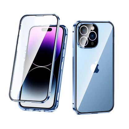 Magnetic 360° Full Metal Frame Phone Case – Double-Sided Tempered Glass HD Cover for iPhone 15, 14, 13 Pro Max