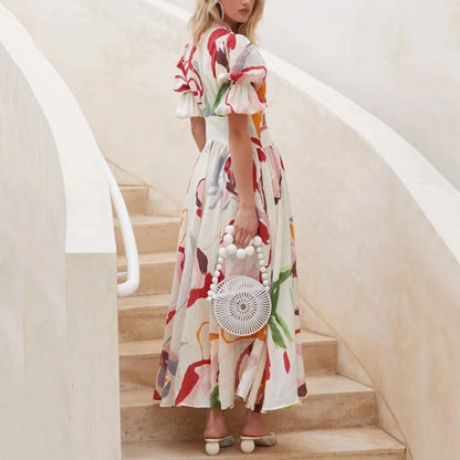 Women Summer Casual Chiffon Floral Print V Neck A-line Maxi Long Beach Women Elegant Dress