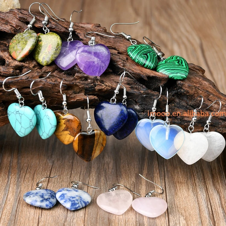 Natural Stone Dangle Earrings – Turquoise, Amethyst, Tiger Eye Heart Design, Handmade Jewelry for Women