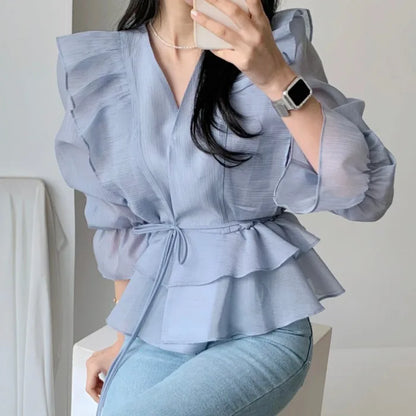 Spring and Summer Women's V-Neck Blouse – Tie Ruffle Design, Flared Sleeves, Solid Color