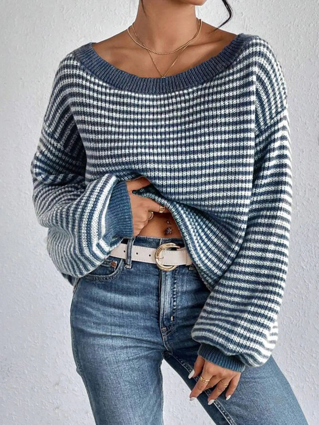 Women's Oversized Striped Knit Sweater - Casual Autumn Wool Pullover with Puff Long Sleeves and Crewneck Millicent