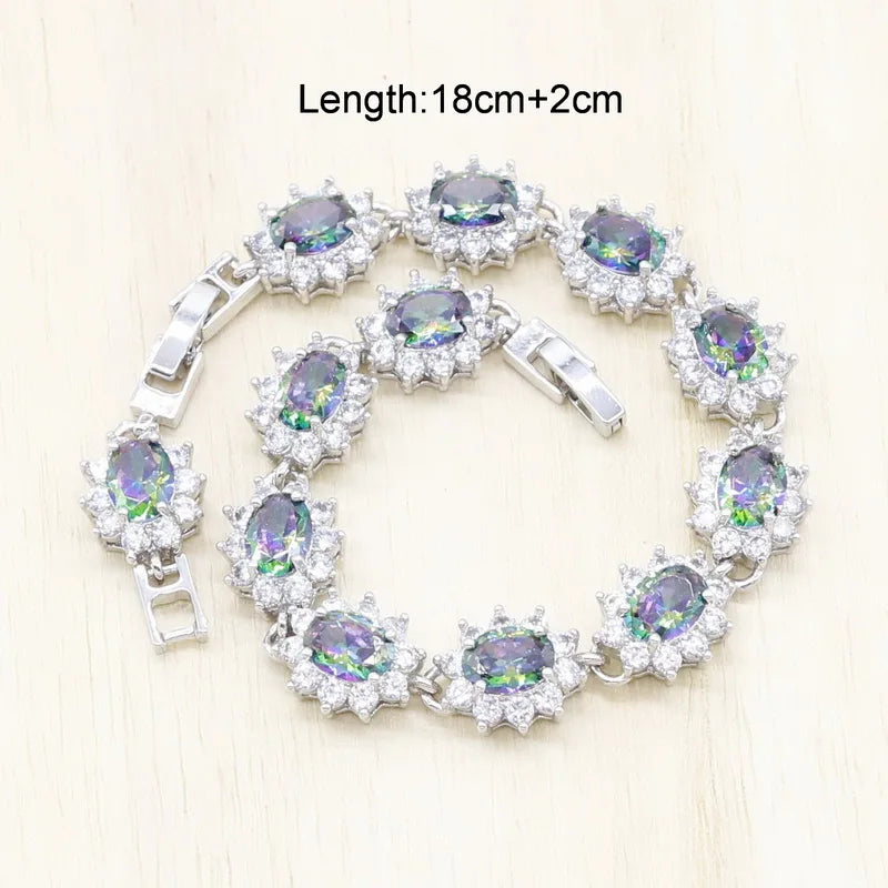 Trendy 925 Sterling Silver Jewelry Set – Luxury Rainbow Cubic Zircon Earrings & Pendant Necklace | Classic Bridal Wedding & Party Design Lucille