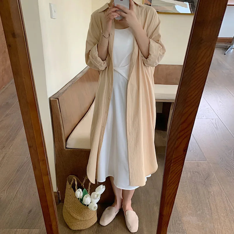 Women Loose Cotton Linen Shirt Dress Single Breasted Long Sleeve Top Spring Summer Lady Casual Dress