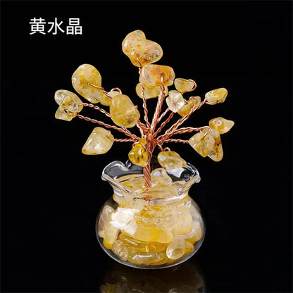 Natural Crystal Fortune Tree – Hand-Woven Mini Crystal Tree Ornaments with Gravel Gems in Glass Vases