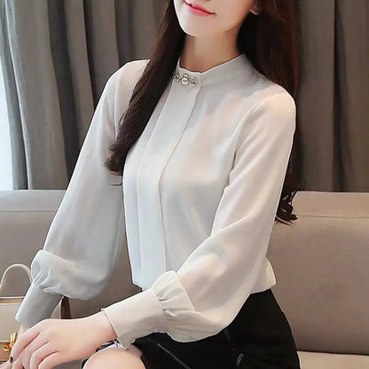 Women's Long Sleeve Chiffon Blouse – Solid Color Formal Loose-Fit Button-Up Shirt Maya