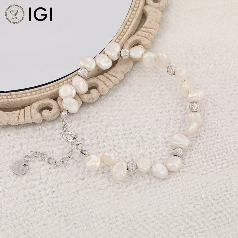 Vintage 925 Sterling Silver Freshwater Pearl Bracelet – 18K Gold Plated Baroque Pearl Bracelet for Women