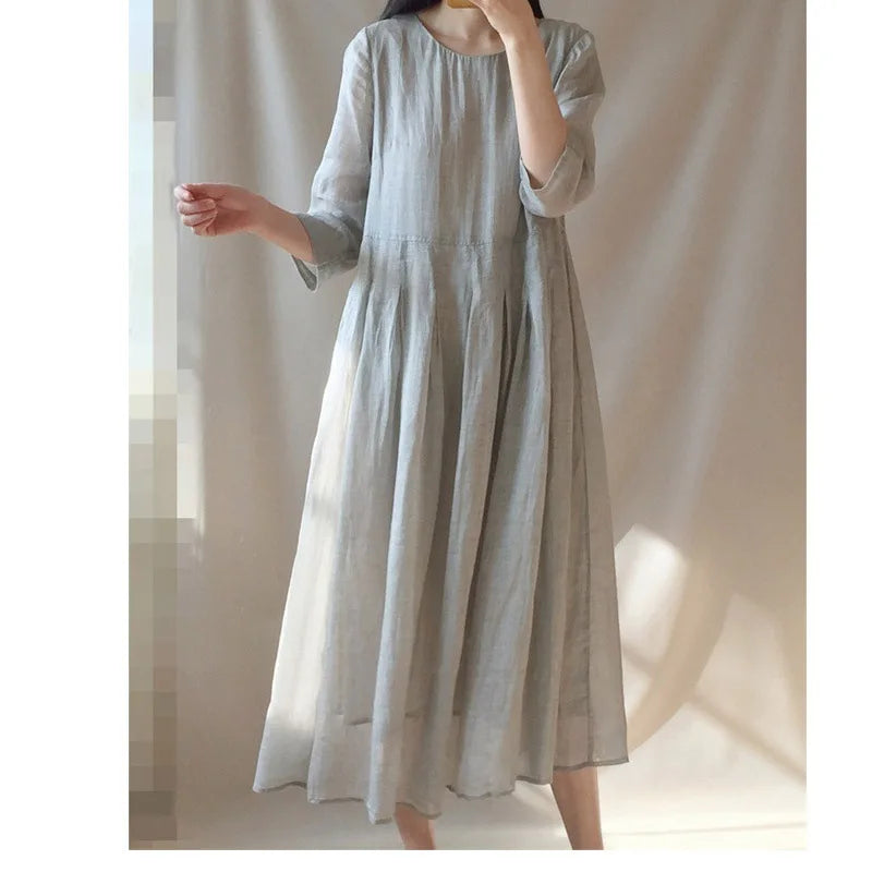 Women's Retro Loose Long Summer Dress - Cotton Linen Half Sleeve Vacation Outfit with O-Neck and Solid Color Design Colleen