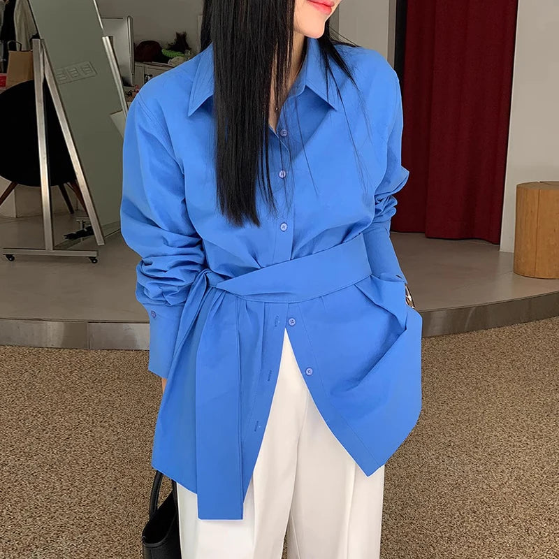 Women's Vintage White Shirt | Autumn Lapel Single-Breasted, Strap Waist Cinching, Versatile Long-Sleeve Design Cassie
