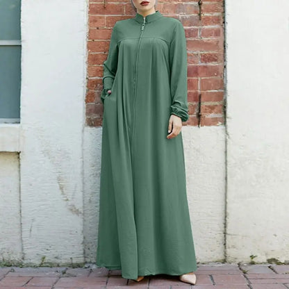 Women's Muslim Arab Style Long Dress – Elegant Abaya with Stand Collar, Zipper, Pockets, and Casual Coat Design Ameerah