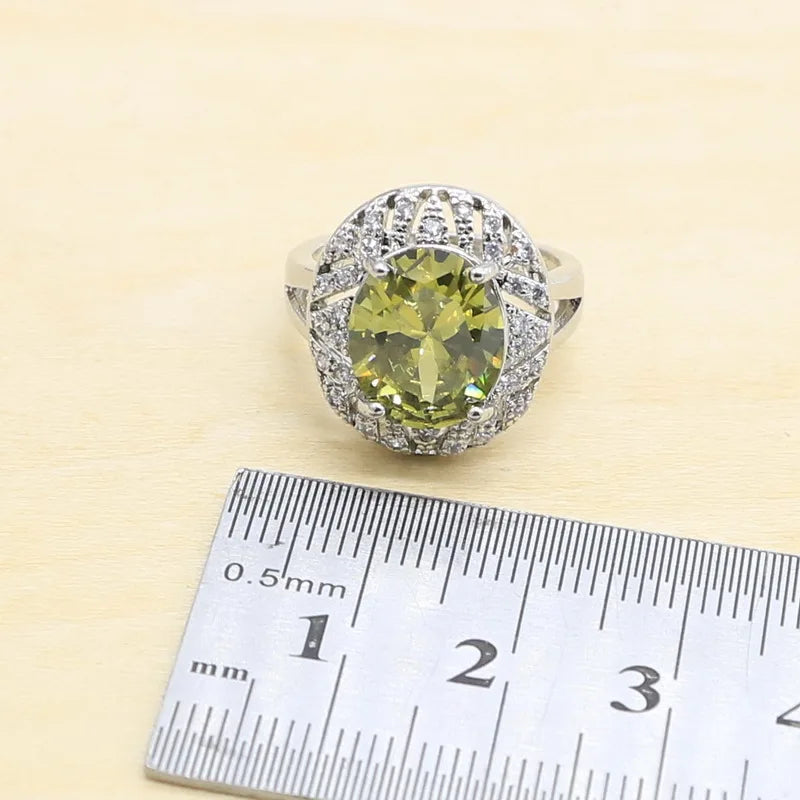 925 Sterling Silver Jewelry Set for Women – Olive Peridot & White Zircon Bracelet, Earrings, Necklace & Ring | Perfect for Parties & Weddings Coraline