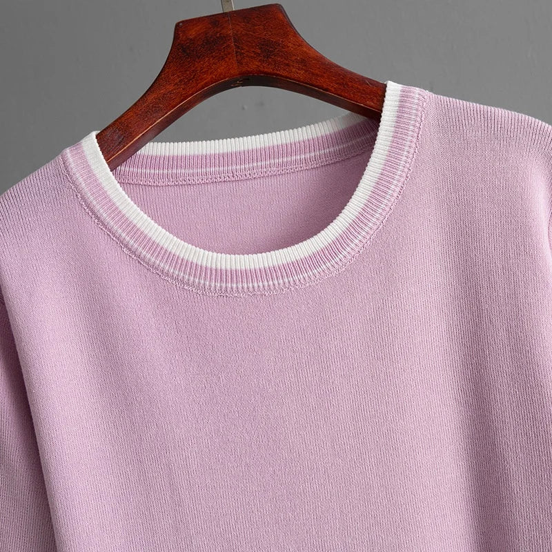 Women's Casual Two-Piece Set – Color-Block Round-Neck Short-Sleeve Knitted Top & Matching Bottom Beth