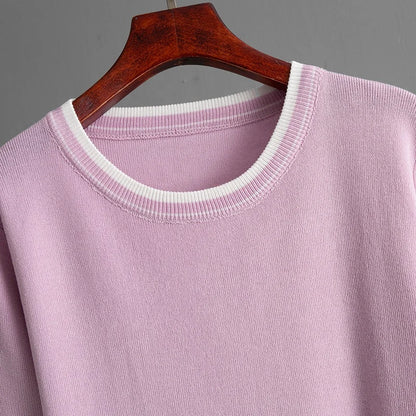 Women's Casual Two-Piece Set – Color-Block Round-Neck Short-Sleeve Knitted Top & Matching Bottom Beth