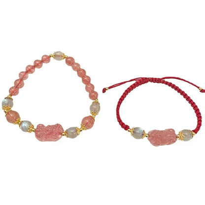 Strawberry Quartz Pi Xiu Bracelet for Women – Natural Crystal Bracelet with Red Woven Strap | Perfect Gift for Girlfriends