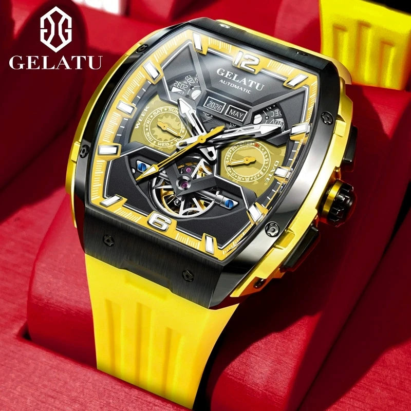 Gelatu 6013 Men's Waterproof Tourbillon Skeleton Automatic Mechanical Watch with Calendar & Luminous Hands