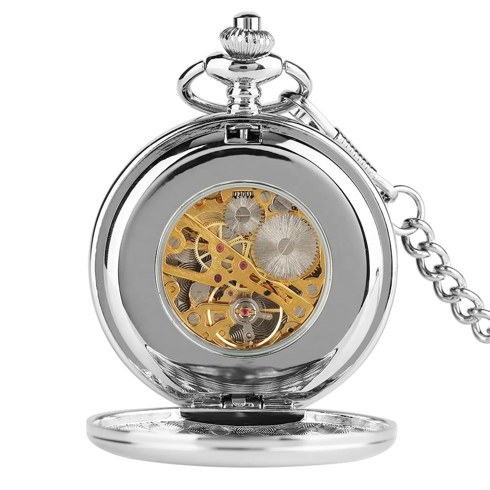 Blank Silver Smooth Double Full Hunter Case Pocket Watch – Steampunk Skeleton Dial Mechanical Watch with Chain Arnaud