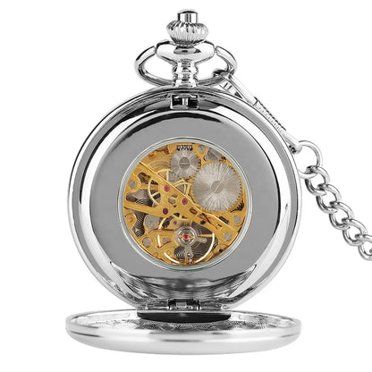 Blank Silver Smooth Double Full Hunter Case Pocket Watch – Steampunk Skeleton Dial Mechanical Watch with Chain Arnaud