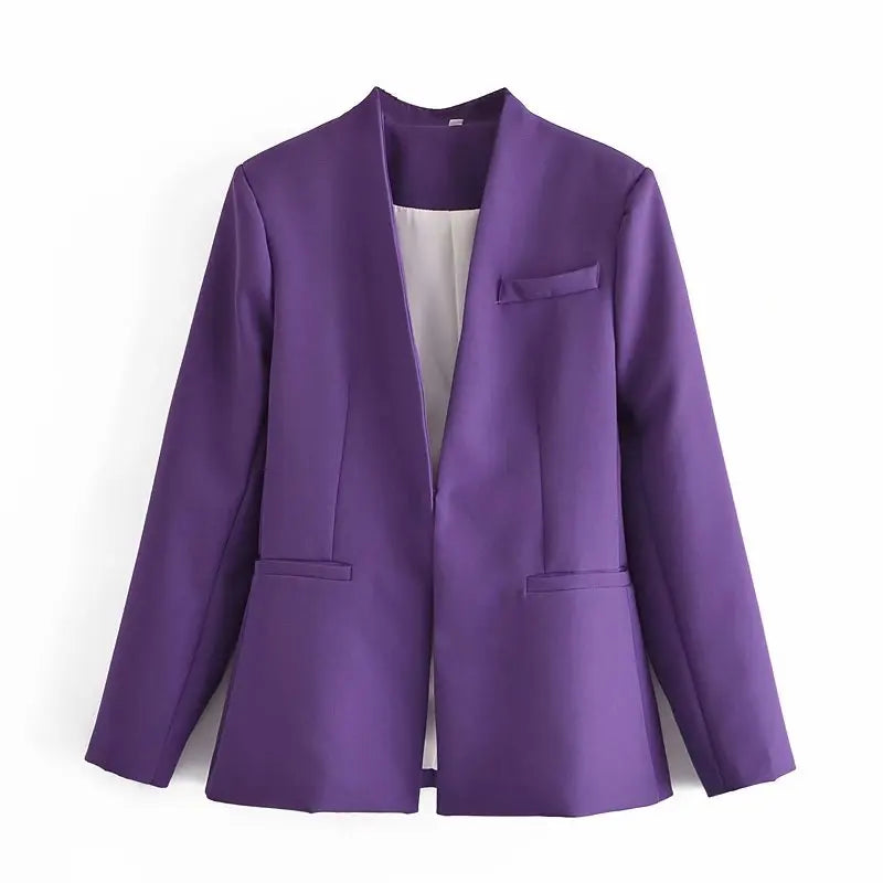 Women's Casual Long Sleeve Suit Jacket - All-Match Lapel-Free Blazer with Shoulder Pads Clemence